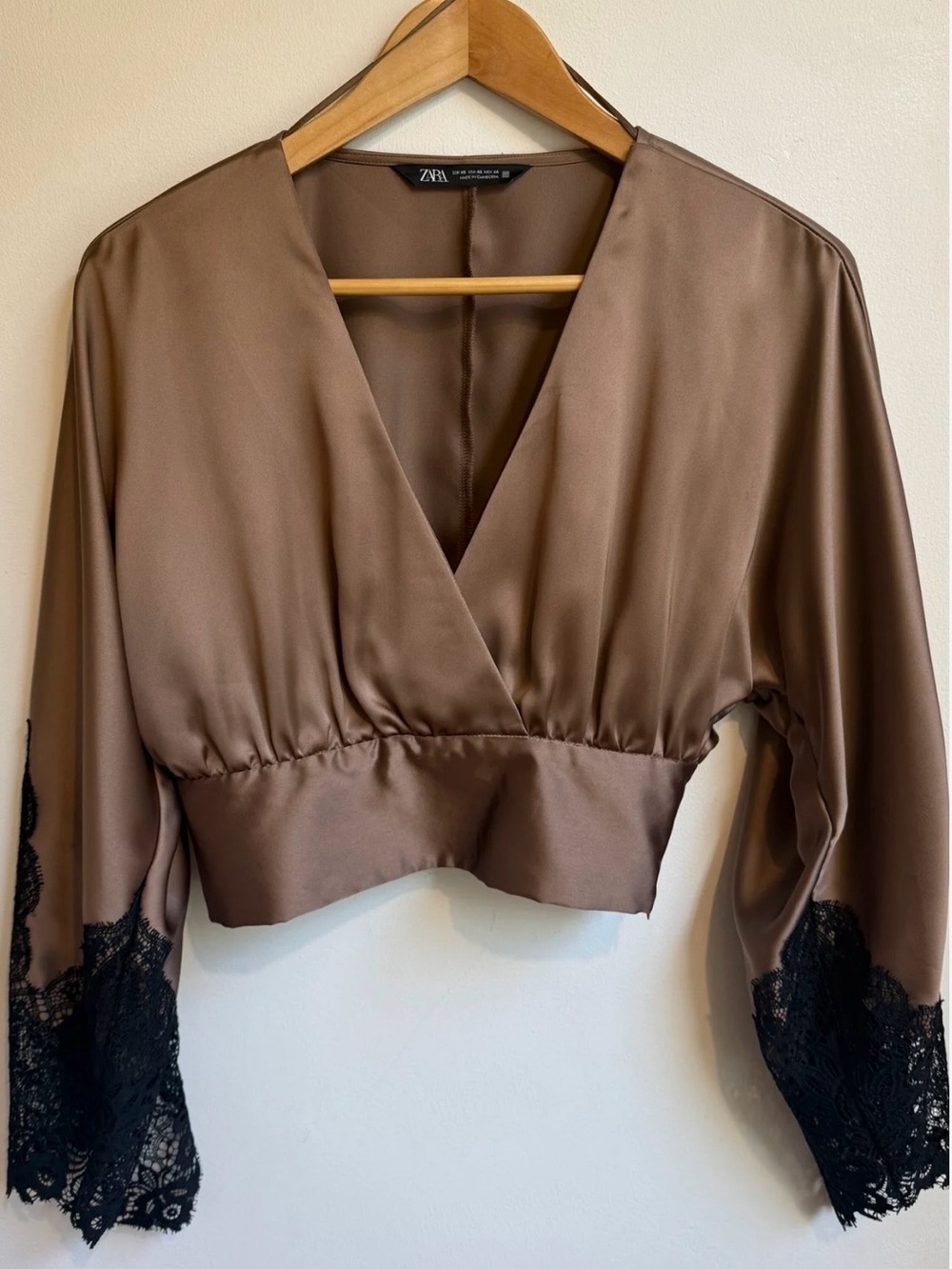 Zara Chocolate Brown Satin V-Neck Cropped Blouse with Black Lace Cuffs